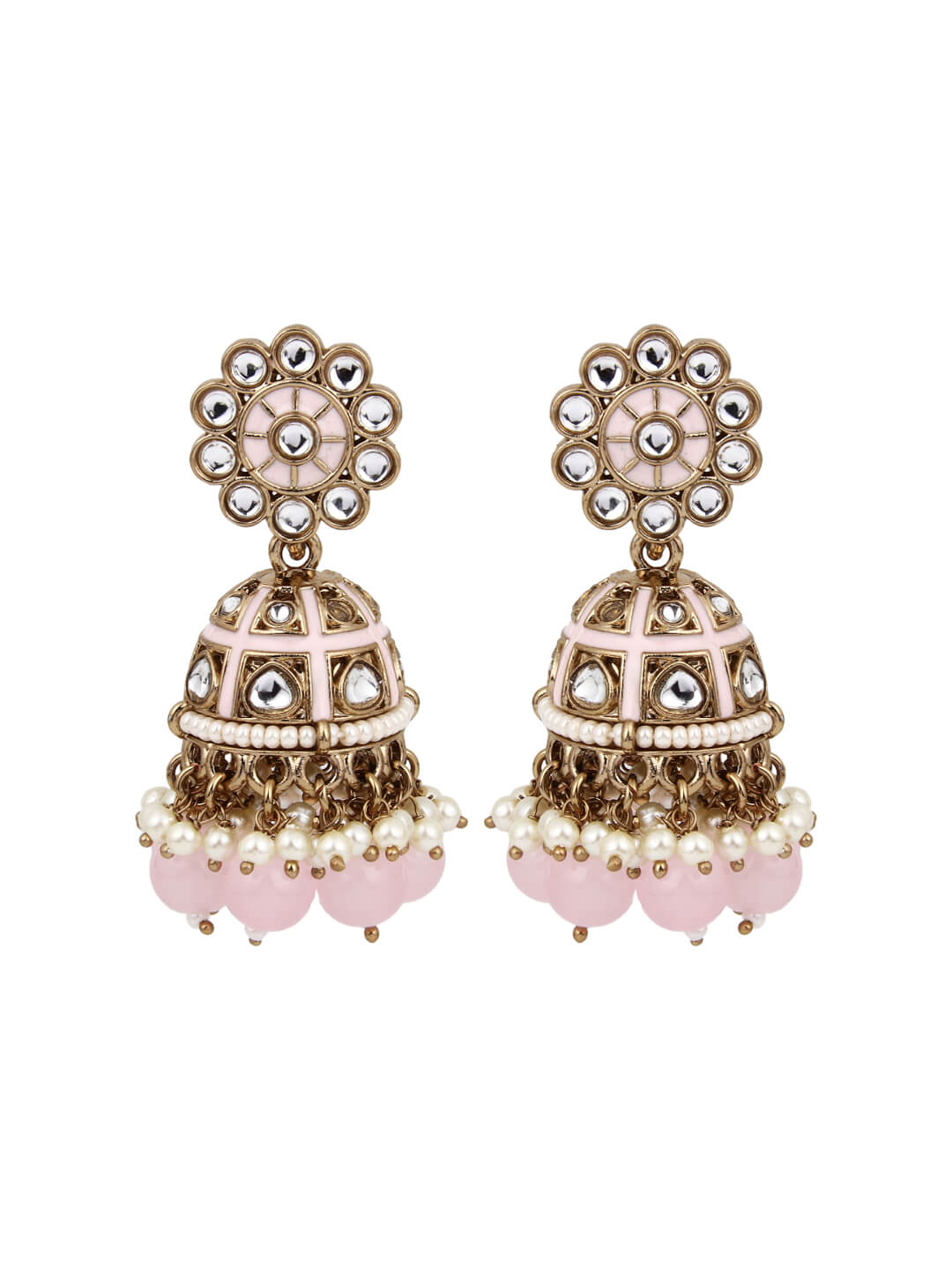 Gold plated kundan & Light Pink Meenakari Jhumka Earring