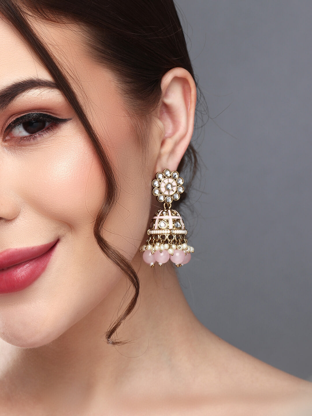 Gold plated kundan & Light Pink Meenakari Jhumka Earring