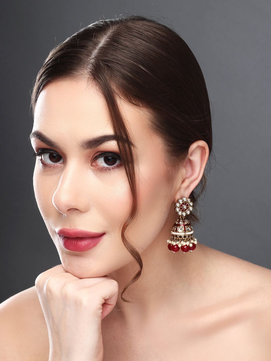 Gold plated kundan & Red Meenakari Jhumka Earring