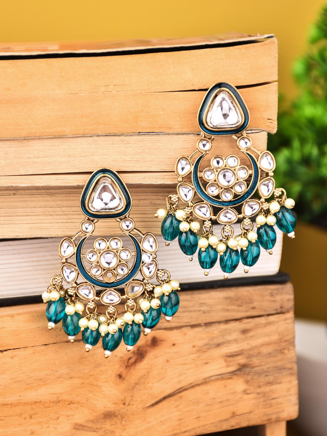 Gold plated kundan & Meenakari Chandbali Earring Green
