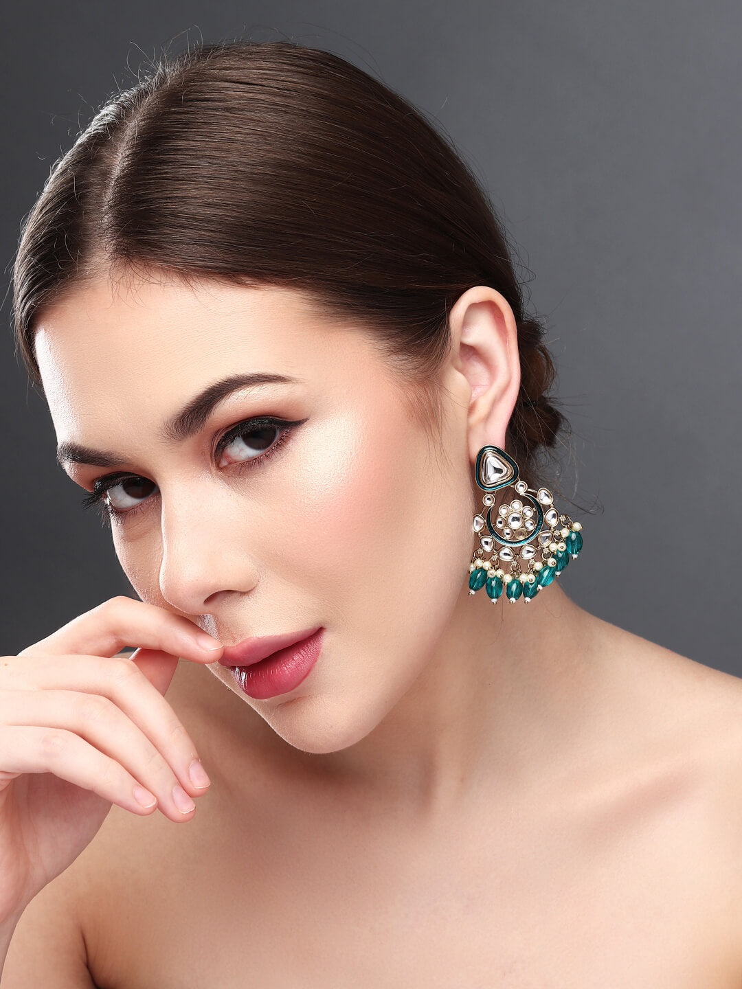 Gold plated kundan & Meenakari Chandbali Earring Green