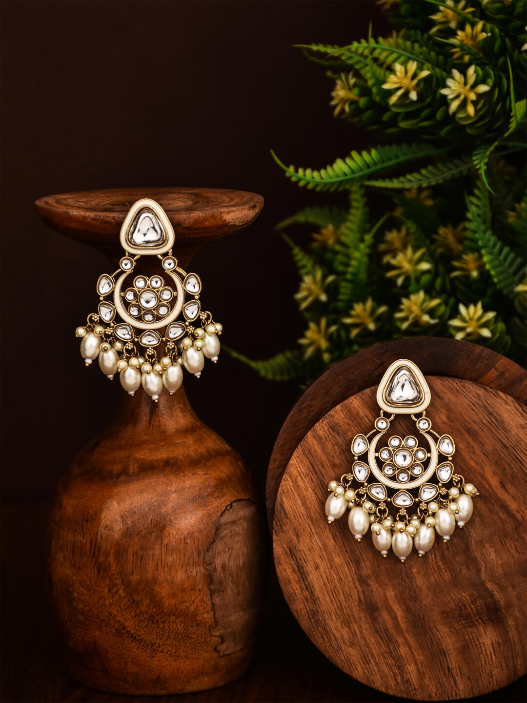 Gold plated kundan & Meenakari Chandbali Earring White