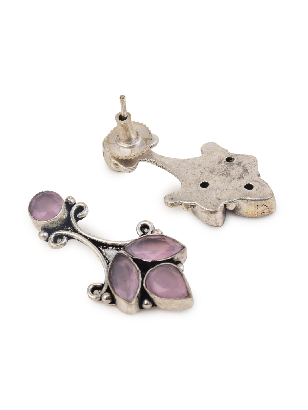 Silver Oxydised finish drop Earring with Pink AD stone