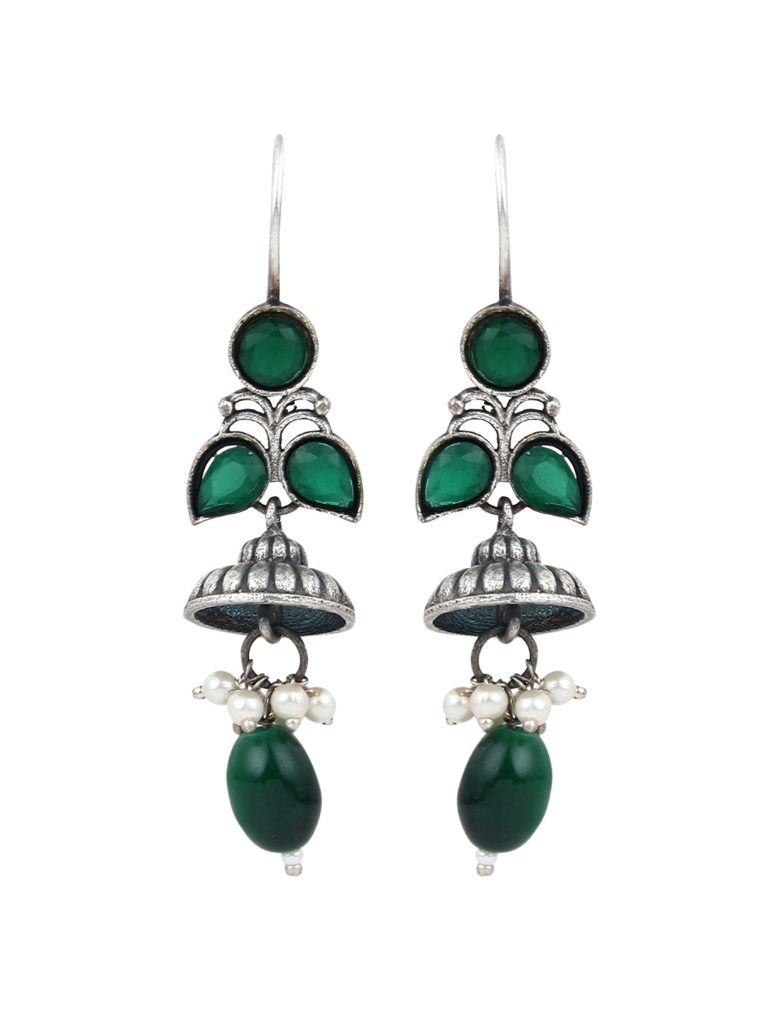 Silver Oxidised green drop earrings