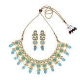 Gold plated kundan necklace set with blue stones