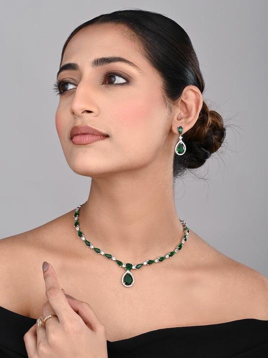 Silver-Tone Emerald Green Teardrop Necklace Set
