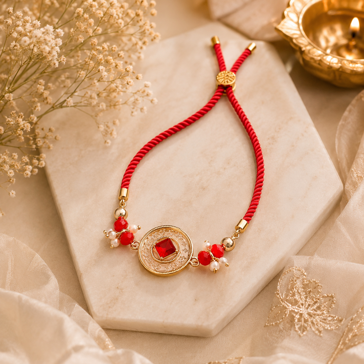Red Crystal Stone Rakhi with Gold-Tone Medallion & Pearl Accents