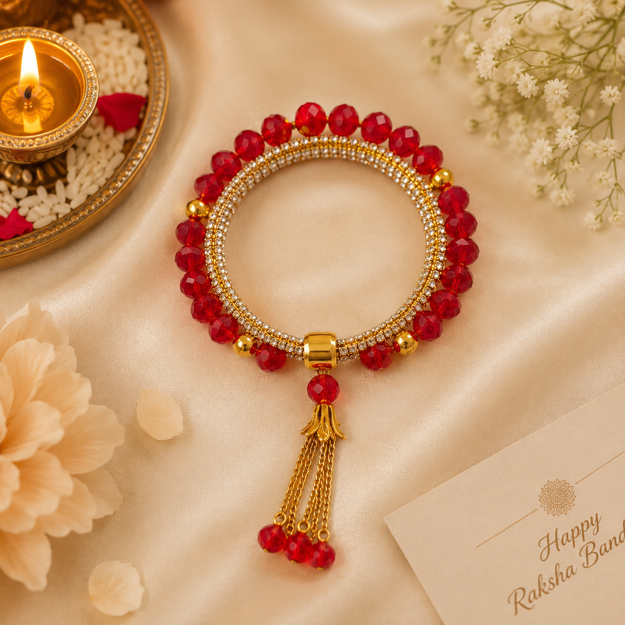 Ruby Red Crystal Beaded Lumba Bangle with Tassel Charm