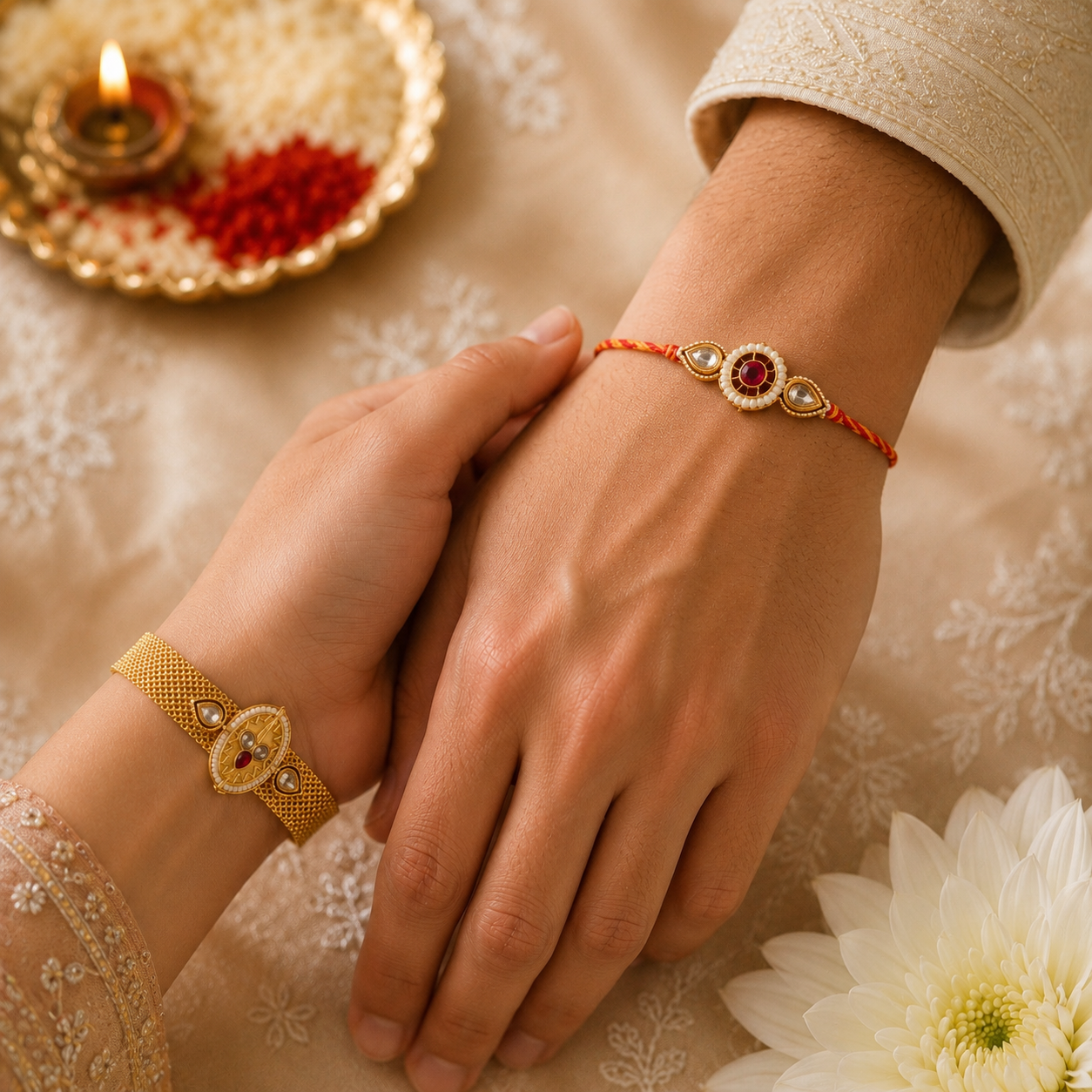 Premium Bhaiya Bhabhi Rakhi Set with Gold Bracelet Rakhi & Elegant Pearl Rakhi