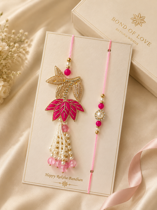 Elegant Pink Bhaiya Bhabhi Rakhi Set with Floral Lumba & Pearl Tassels