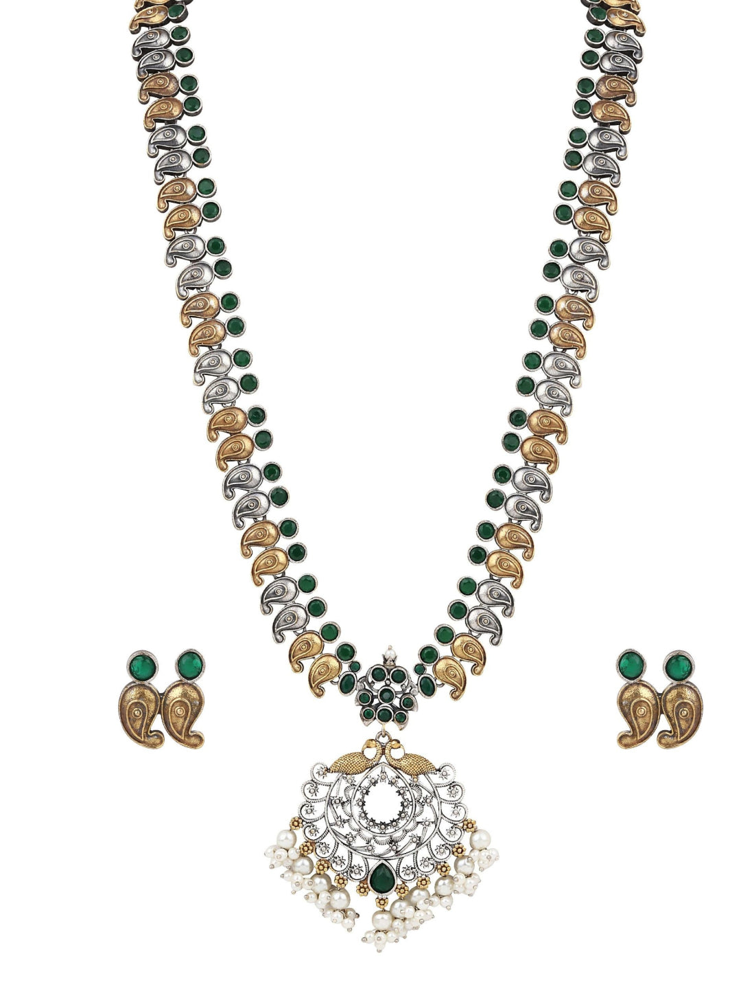 Dual Tone Long Necklace Set with AD & Quartz stone