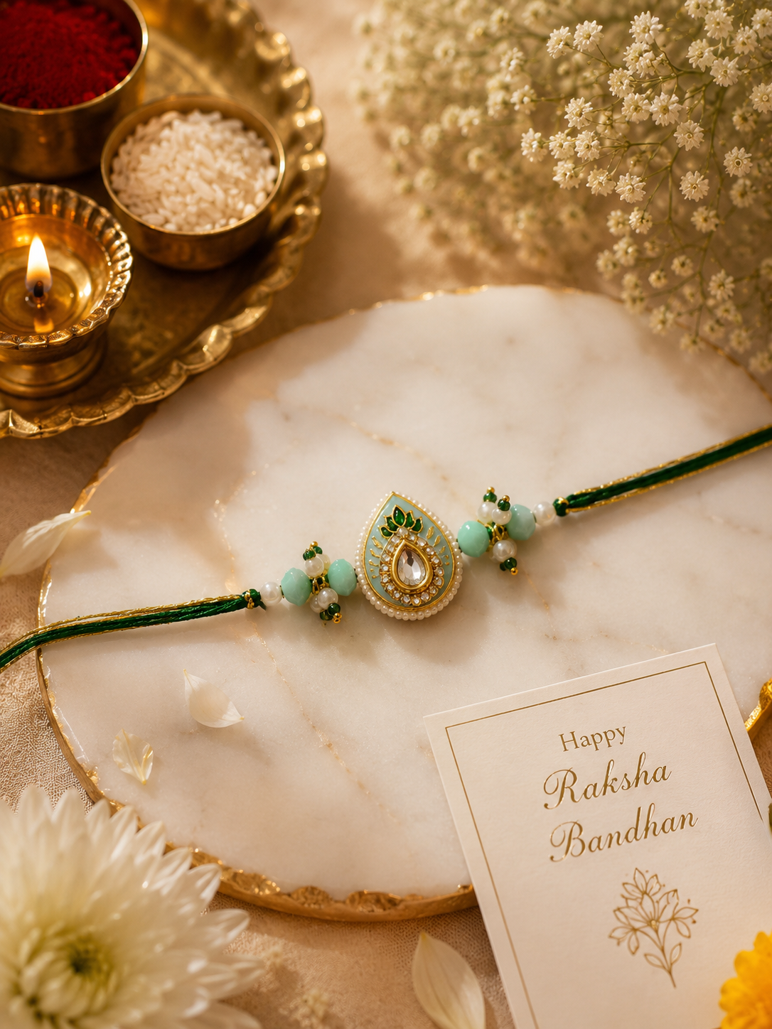 Mint Green Kundan Designer Rakhi