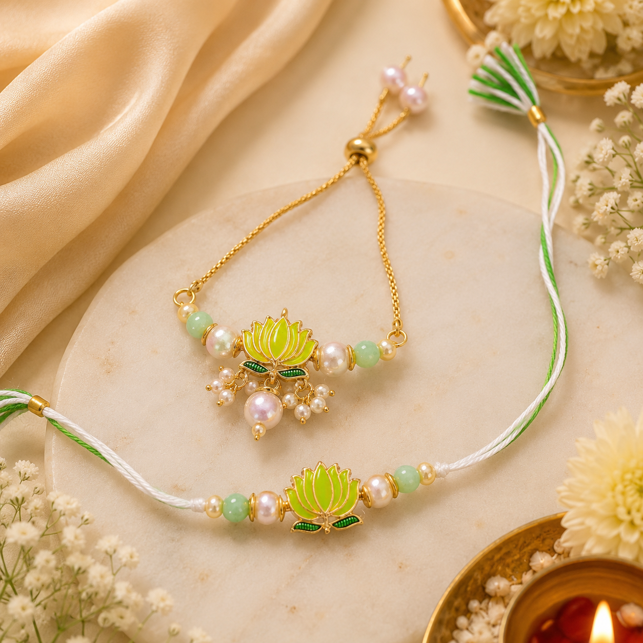 Lotus Bhaiya Bhabhi Rakhi Set – Pearl Bracelet & Designer Rakhi Combo