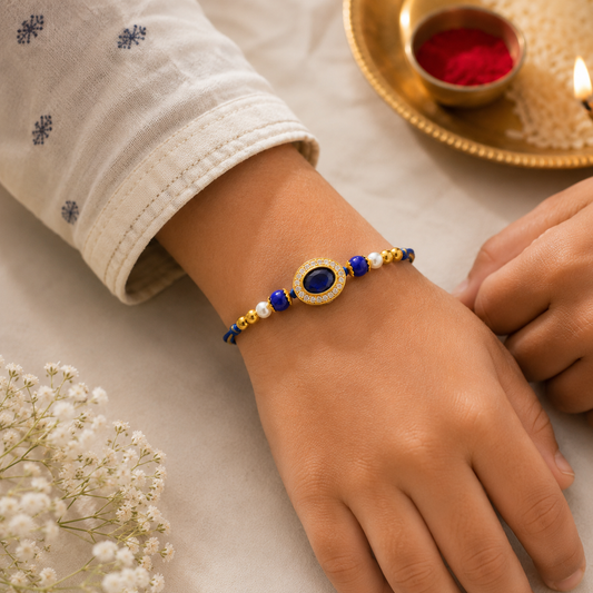 Royal Blue Crystal & Pearl Designer Rakhi