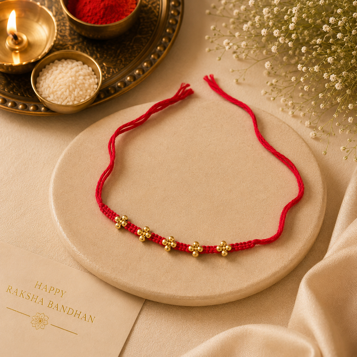 Sacred Trio Rakhi Set – Floral Bead, Om Charm & Traditional Thread Rakhi Collection(Set of 3)