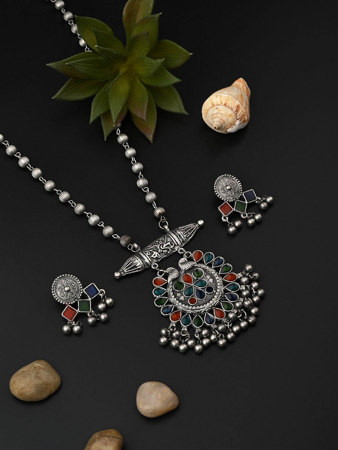 Silver Oxidised Finish Meenakari Jewellery Set for Navratri