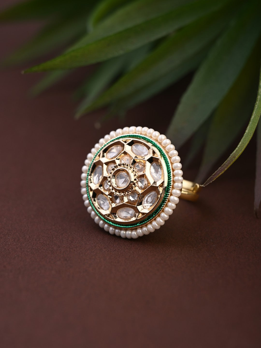 Brass Kundan Halo Pearl-Edge Ring