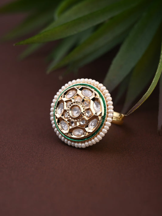 Brass Kundan Halo Pearl-Edge Ring