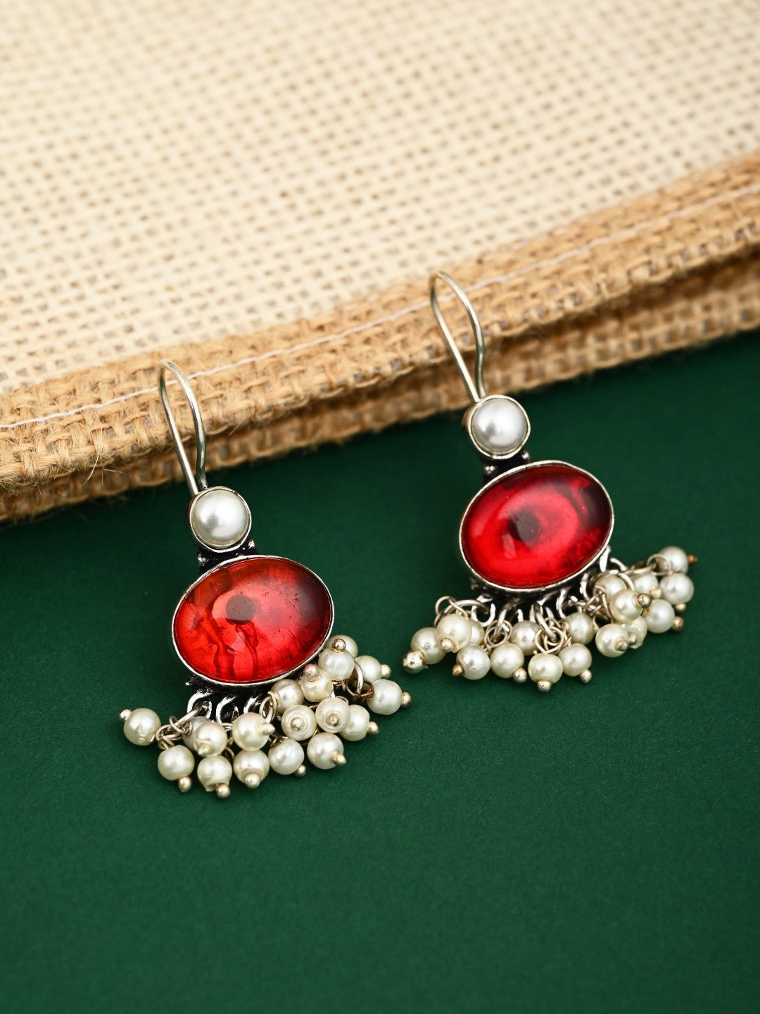Red Blue Stone Pearl Fringe Drop Earrings