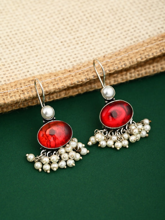 Red Blue Stone Pearl Fringe Drop Earrings