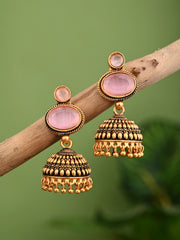 Pink stone top & Gold Jhumka Earring
