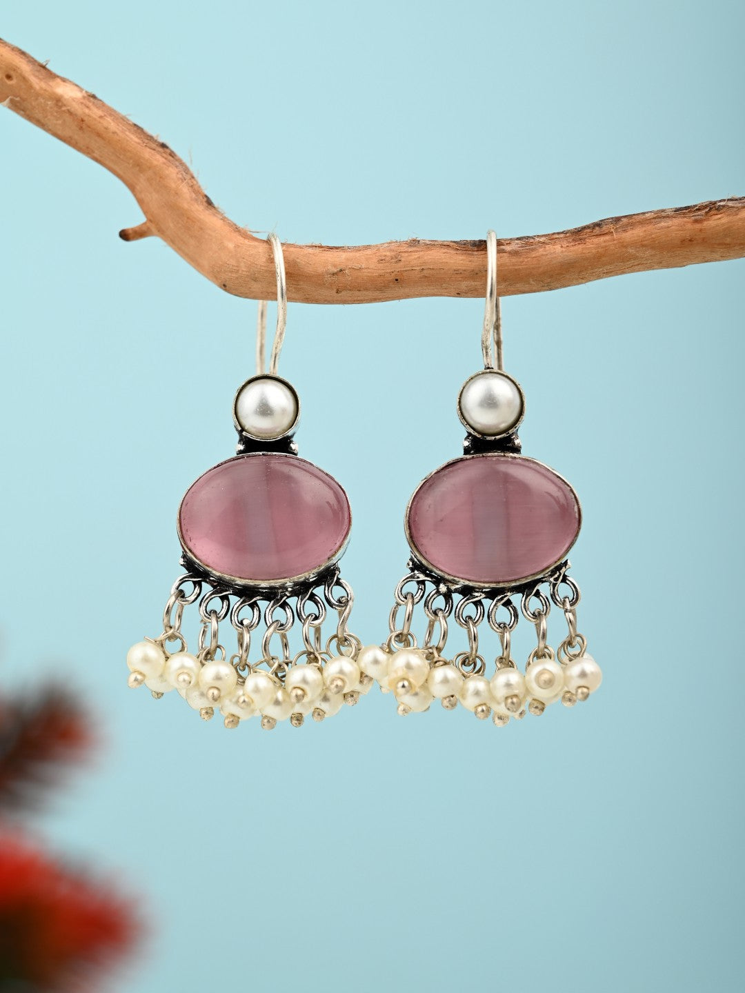 Pink Blue Stone Pearl Fringe Drop Earrings