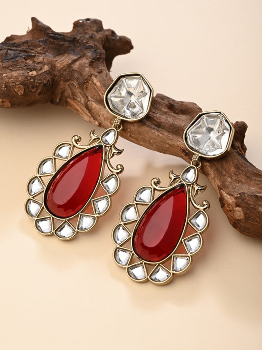 Gold-Plated Red Kundan Teardrop Earrings for Women