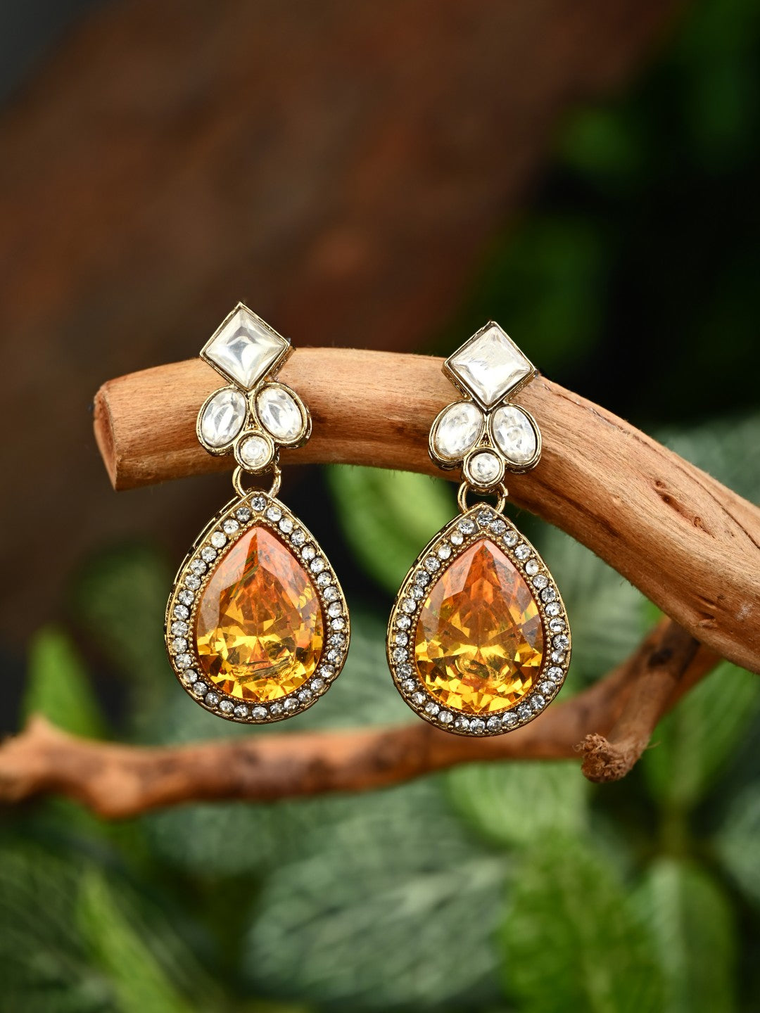 Gold-Toned Teardrop Kundan Crystal Drop Earrings for Women Yellow