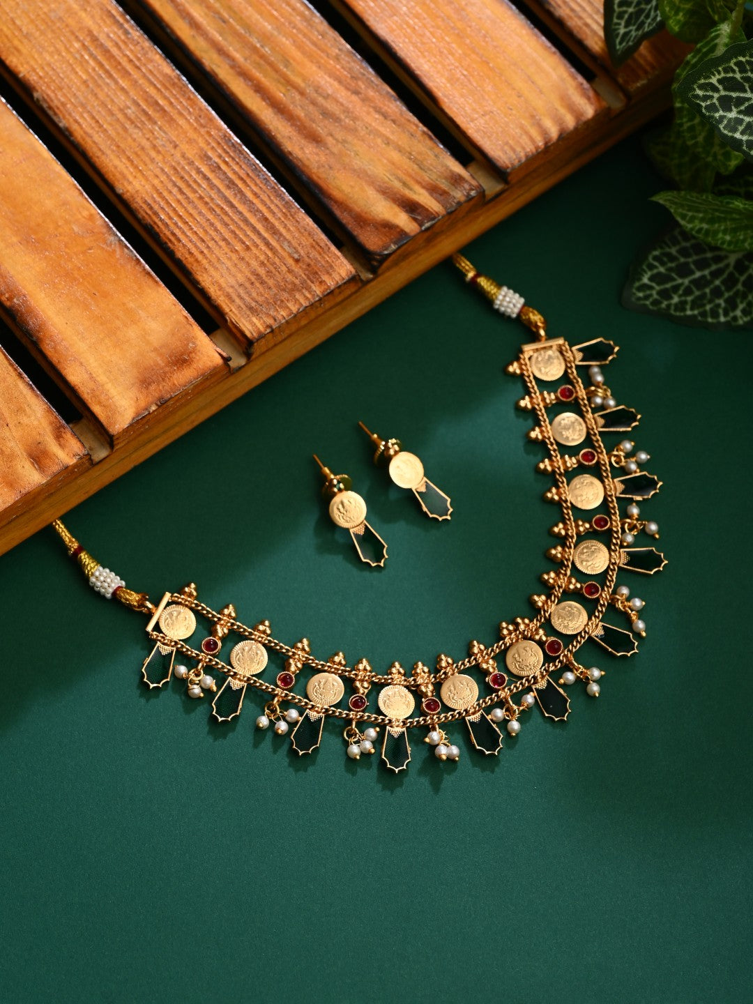 Antique Gold Kundan Floral Necklace Set with Bead Drops