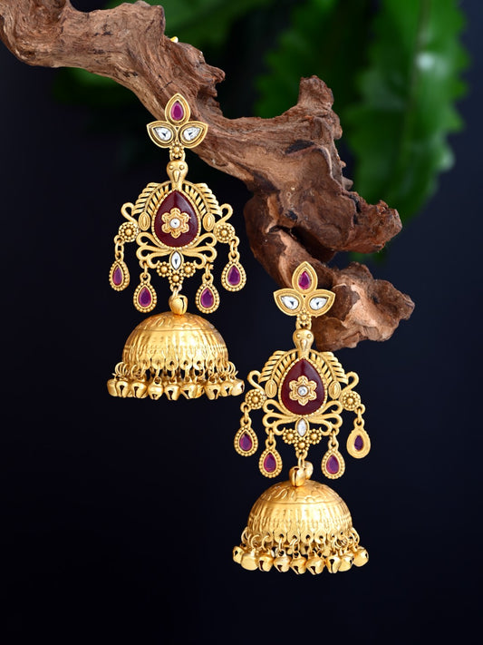 Ruby Red Temple Jhumka Earrings with Ghungroo Drops