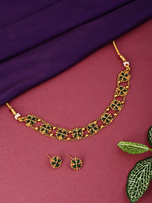 Gold plated floral Necklace set - Green