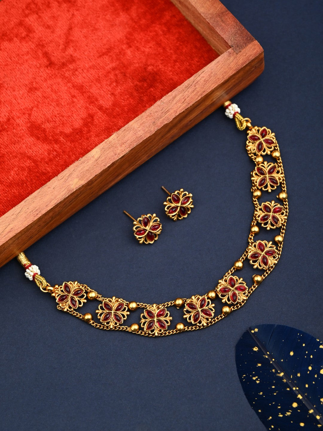 Gold plated floral Necklace set - Red