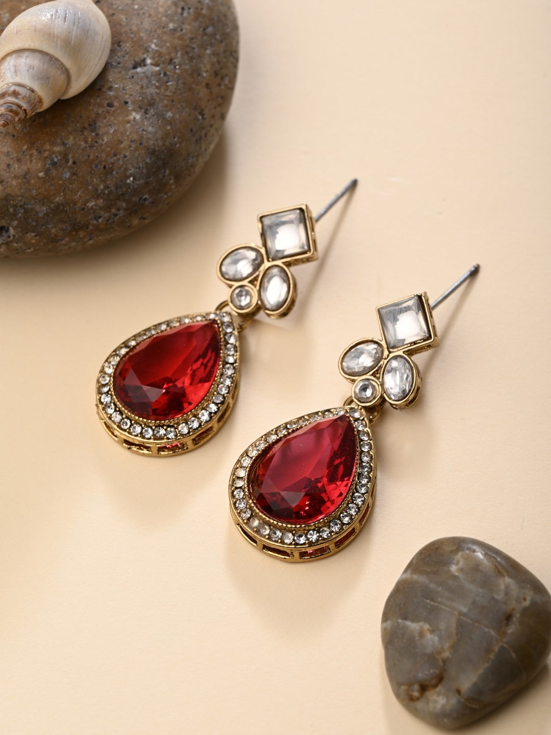 Gold-Toned Teardrop Kundan Crystal Drop Earrings for Women Pink