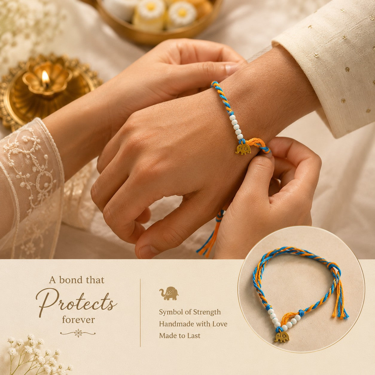 Yellow Floral & Elephant Charm Rakhi Set of 2