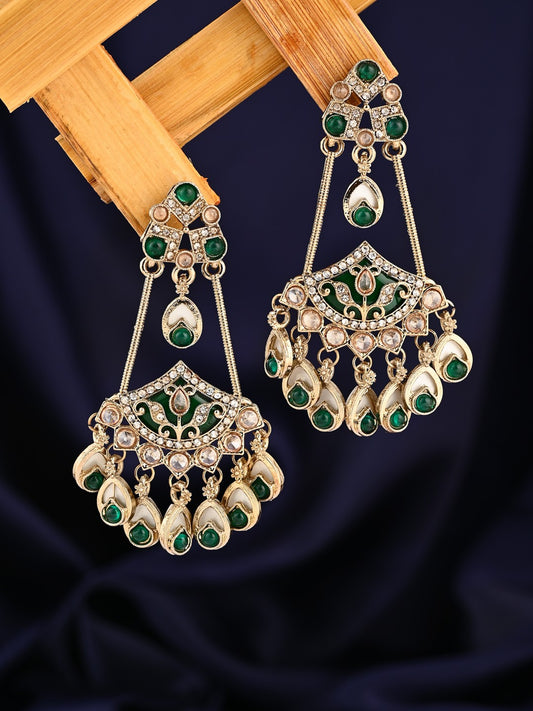 Gold-Toned Kundan Chandbali Earrings with Green Stone Accents