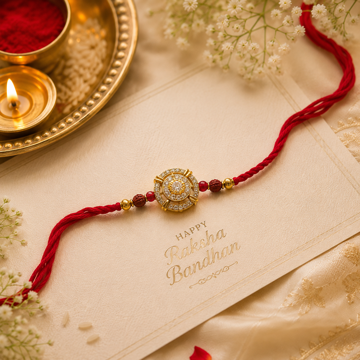 Premium Gold-Tone CZ Dial Rakhi with Rudraksha Beads & Red Thread