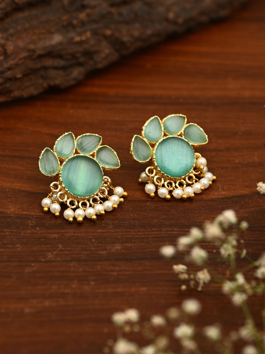 Stone Gold-Toned Earrings with Pearl Drops - Blue