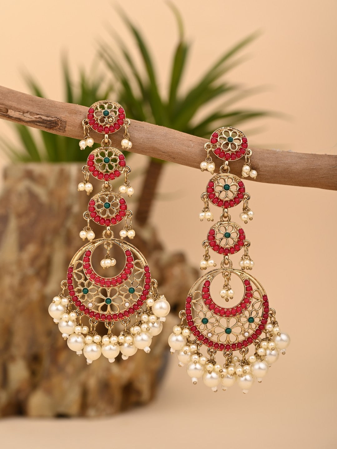 Circle Long drop Earring -  Red