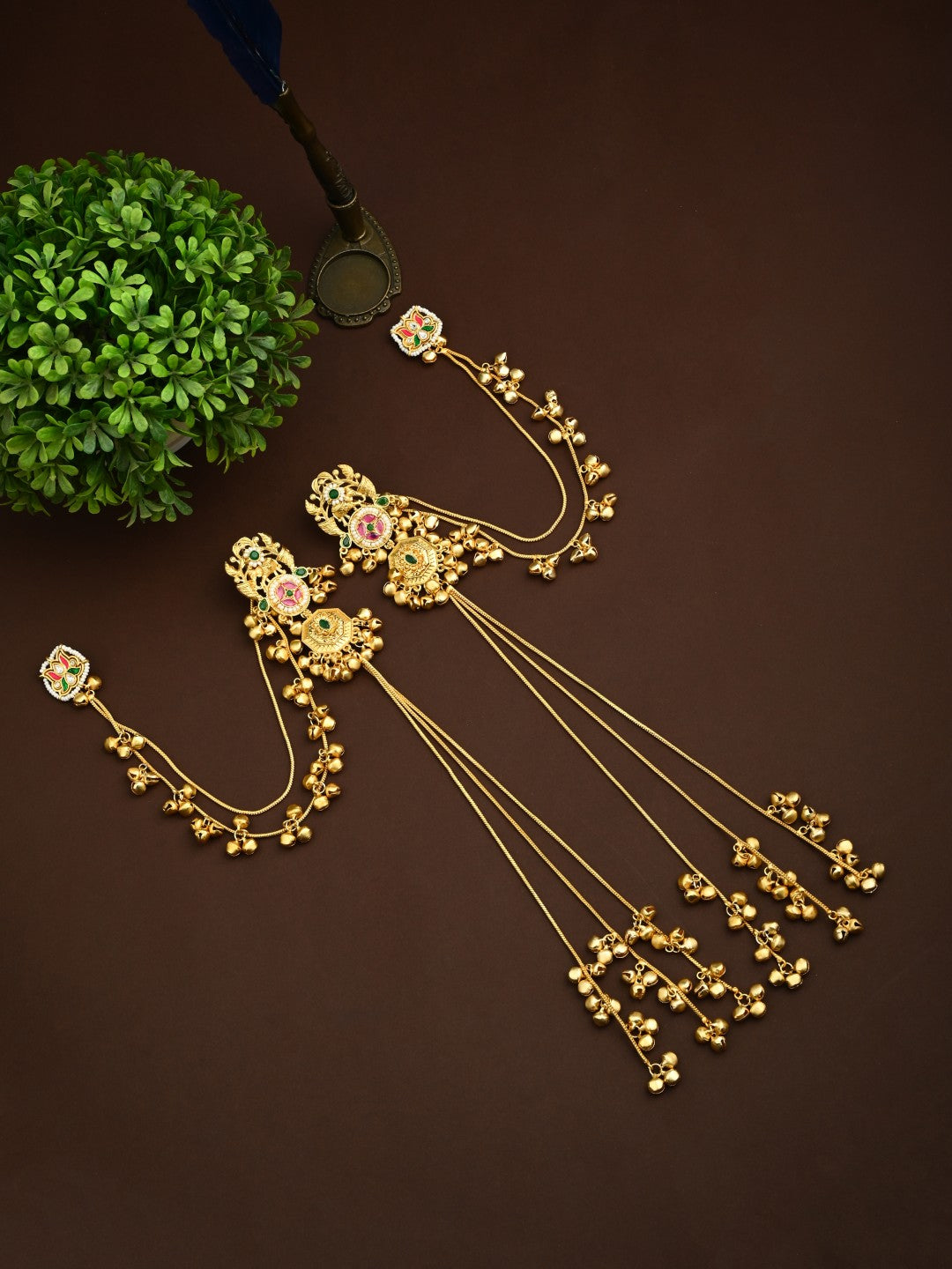 Gold-Tone Kundan &Green & Red Stone Kashmiri Long Chain Earrings