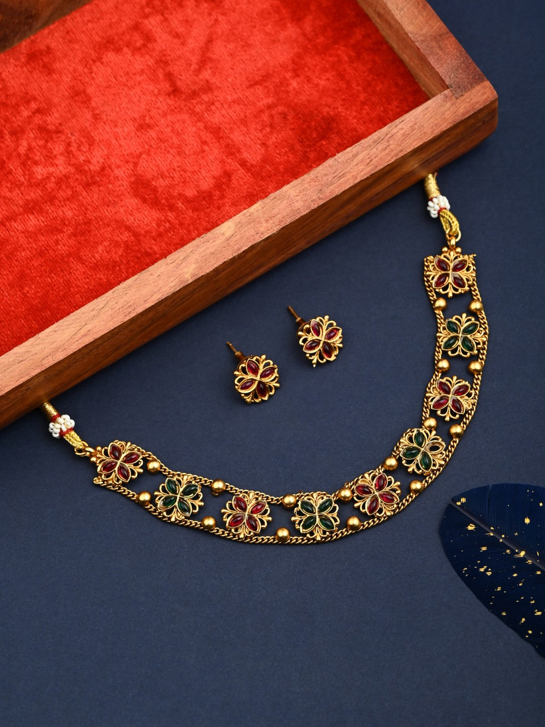 Gold plated floral Necklace set - Multi