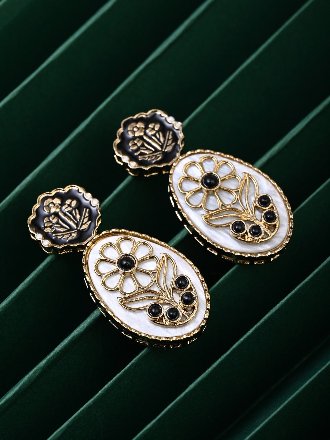 MOP Meenakari Floral Drop Earrings - Black