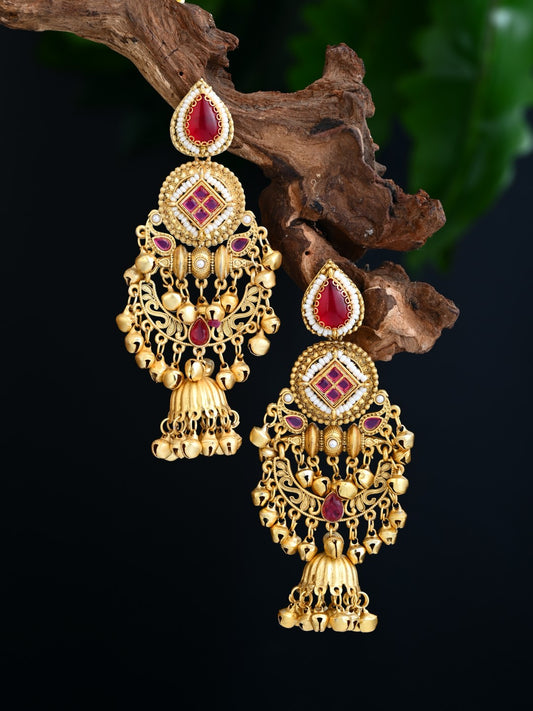 Kundan Chandbali Jhumka Earrings with Ghungroo Red