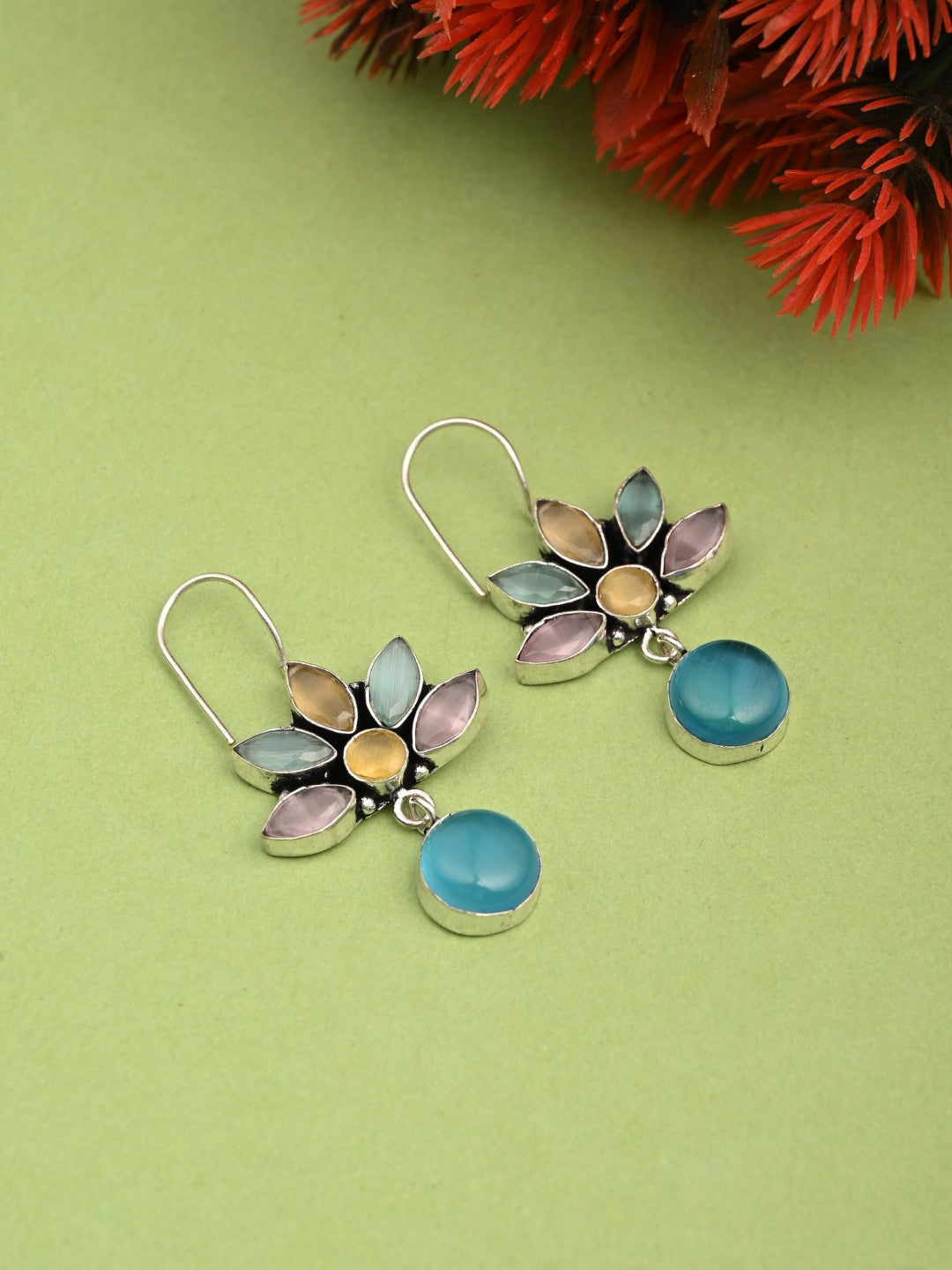 Silver Oxidized Lotus Drop Earrings Multi