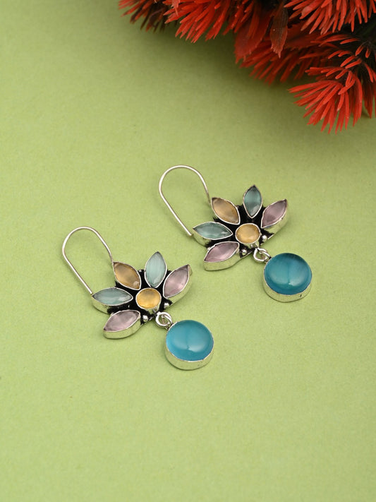 Silver Oxidized Lotus Drop Earrings Multi