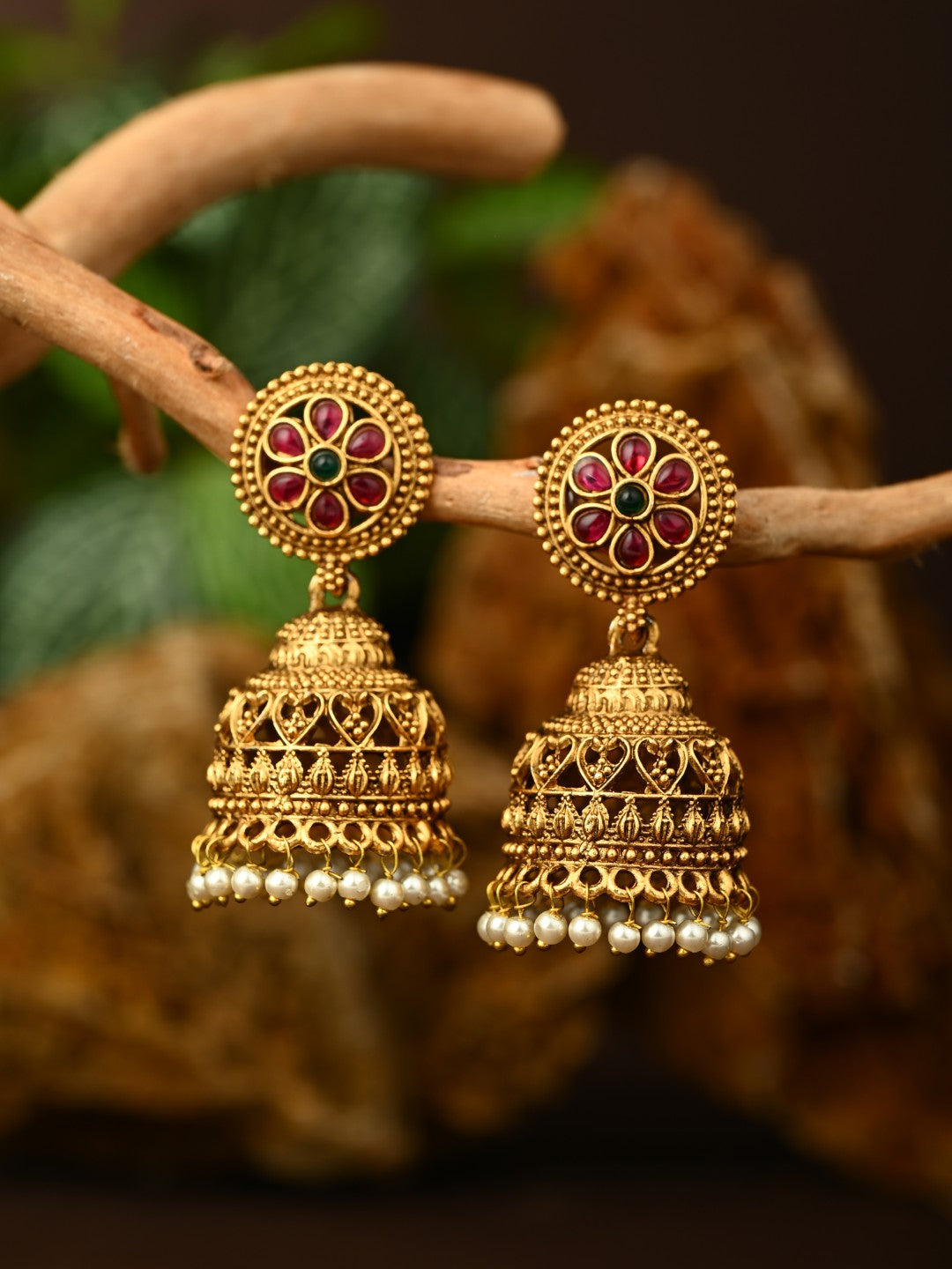 Floral Ruby Emerald Jhumka Earrings