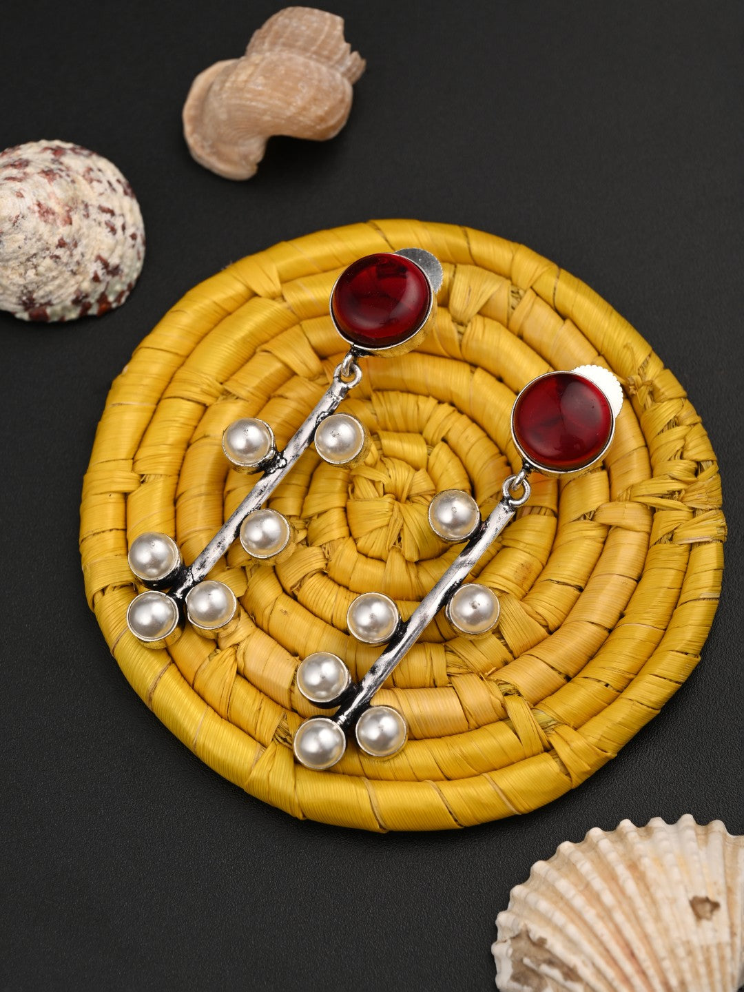Red Stone & pearl drop Earring