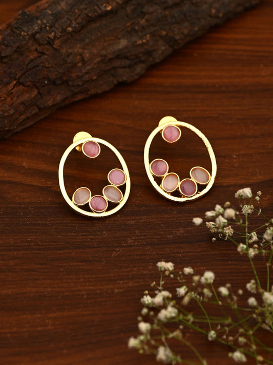 Pink Stone Gold-Toned Oval Statement Earrings