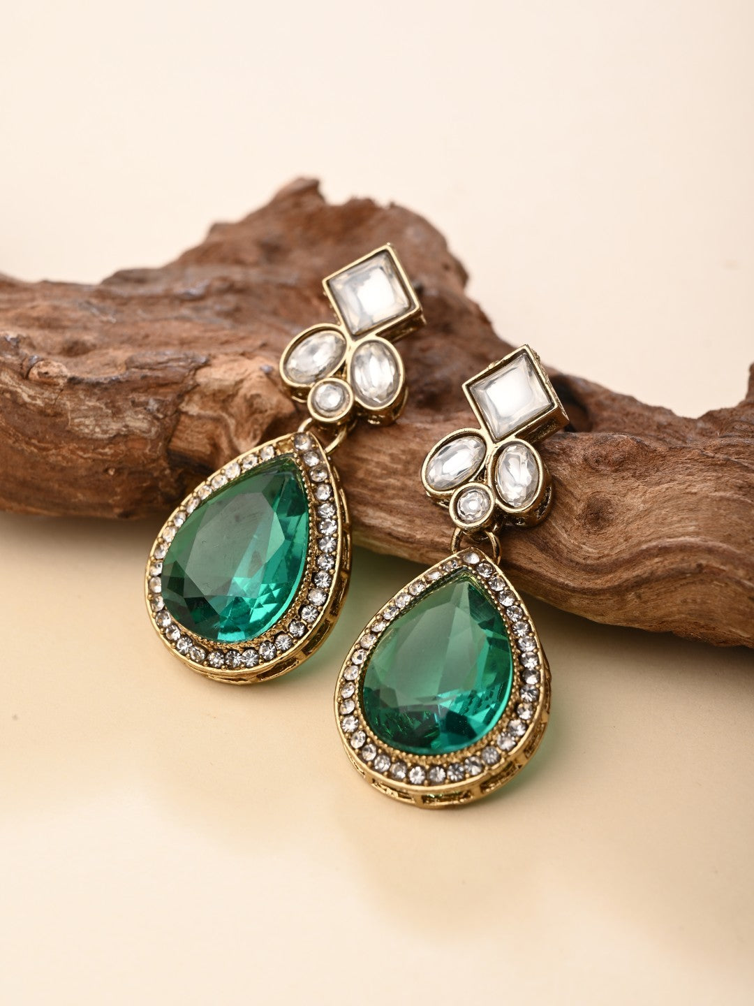 Gold-Toned Teardrop Kundan Crystal Drop Earrings for Women Blue
