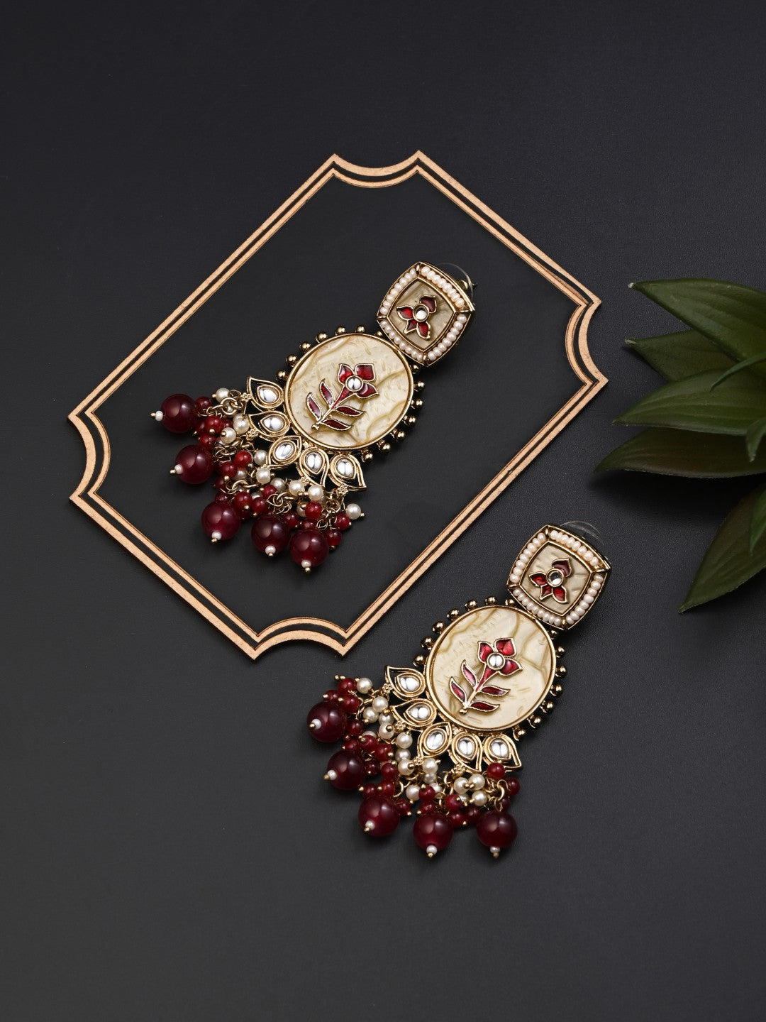 Contemporary kundan, MOP & Meenakari Drop Earring Red