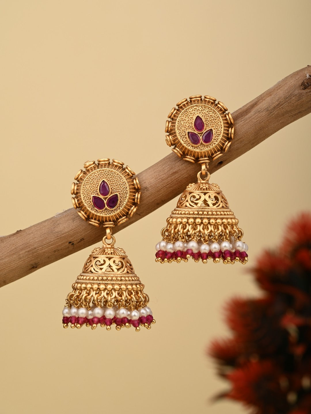 Antique Gold-Plated Temple Jhumka Earrings - Red